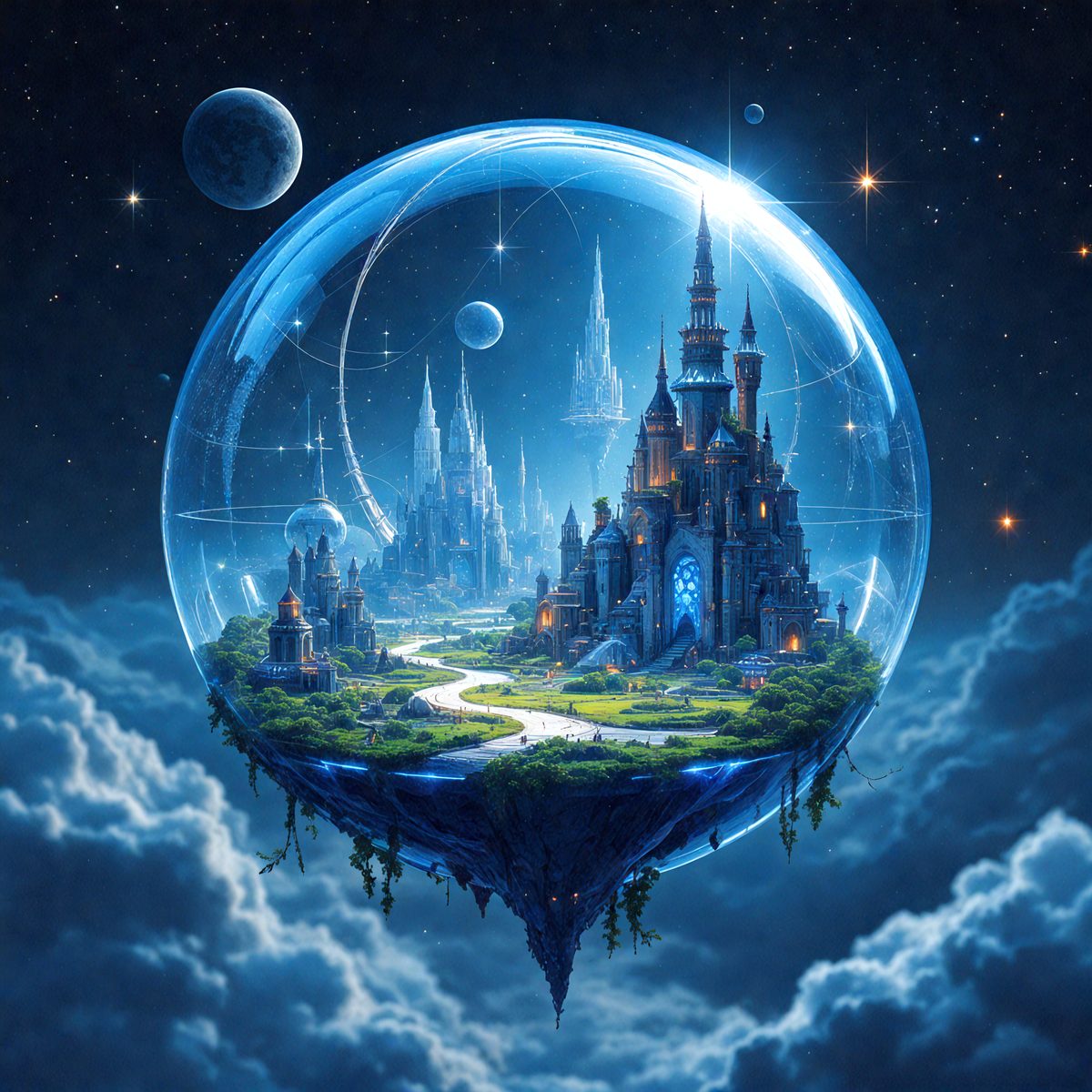 Primary subject: A blue, round, glass globe with a castle inside.

Setting/background: The globe is floating in a blue sky, with a castle and other buildings visible inside the globe.

Visual style: The image is a digital art or illustration.

Colors and mood: The image has a blue color scheme, giving it a calm and serene atmosphere.